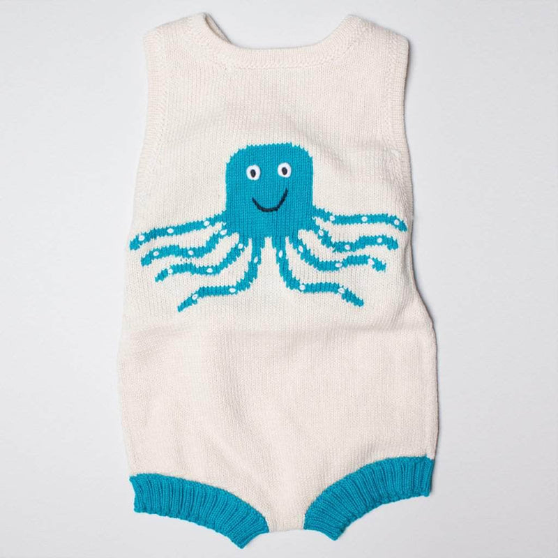 Organic Baby Gift Set - Sleeveless Octopus Romper, Octopus Rattle & Hat -