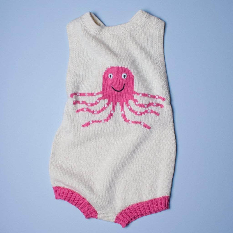 Organic Baby Gift Set - Sleeveless Octopus Romper, Octopus Rattle & Hat -