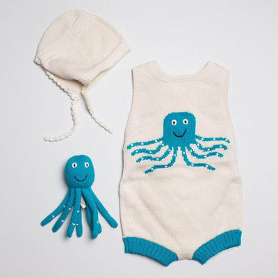 Organic Baby Gift Set - Sleeveless Octopus Romper, Octopus Rattle & Hat - Turquoise / 0-6 M - Estella