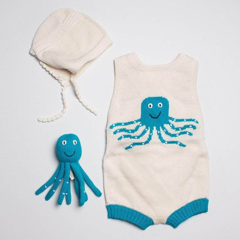 Organic Baby Gift Set - Sleeveless Octopus Romper, Octopus Rattle & Hat - Turquoise / 0-6 M