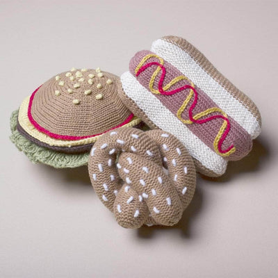 Organic Baby Gift Sets - Handmade Newborn Rattle Toys | Hotdog, Hamburger & Pretzel -