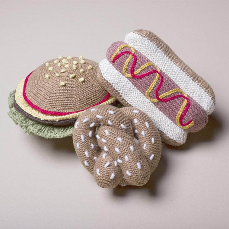 Organic Baby Gift Sets - Handmade Newborn Rattle Toys | Hotdog, Hamburger & Pretzel -