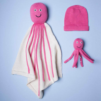 Organic Baby Gift Sets - Newborn Lovey Blanket, Rattle Toy & Hat | Octopus - Pink - Estella