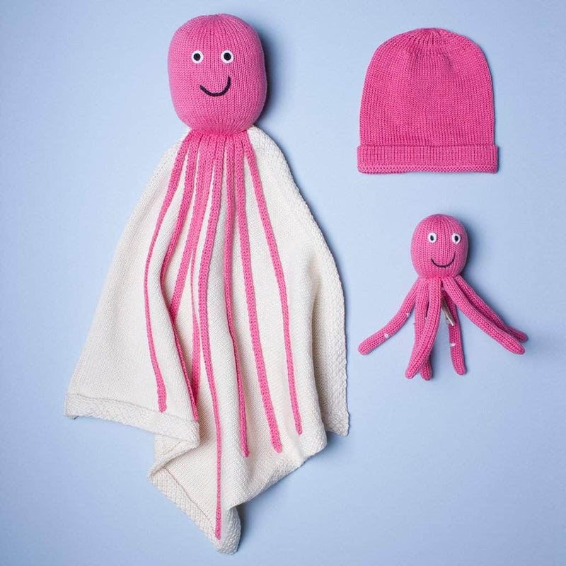 Organic Baby Gift Sets - Newborn Lovey Blanket, Rattle Toy & Hat | Octopus - Pink