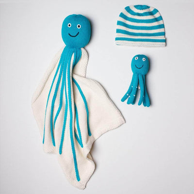 Organic Baby Gift Sets - Newborn Lovey Blanket, Rattle Toy & Hat | Octopus - Turquoise - Estella