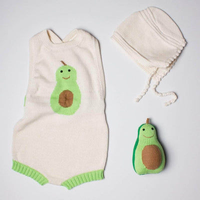 Organic Baby Gift Sets - Sleeveless Hand Knit Newborn Romper, Bonnet & Infant Rattle Toy | Avocado - Default Title