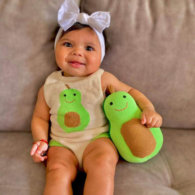 Organic Baby Gift Sets - Sleeveless Hand Knit Newborn Romper, Bonnet & Infant Rattle Toy | Avocado -