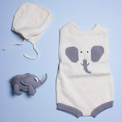 Organic Cotton Baby Gift Set - Elephant Baby Rattle, Organic Baby Romper & Bonnet Hat -