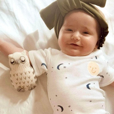 Moon & Stars Organic Baby Onesie & Owl Rattle Set -