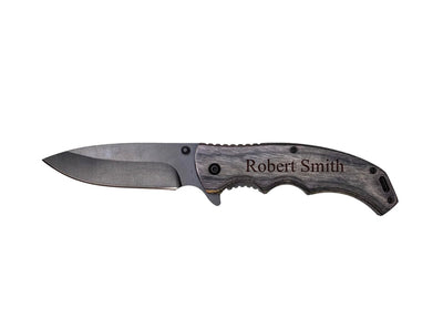 Personalized Black Blade Grey Wood Handle Knife -