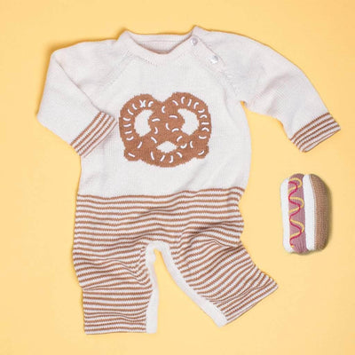Organic Baby Gift Sets, Handmade Romper with Pretzel Graphic & Hot Dog Rattle Toy -