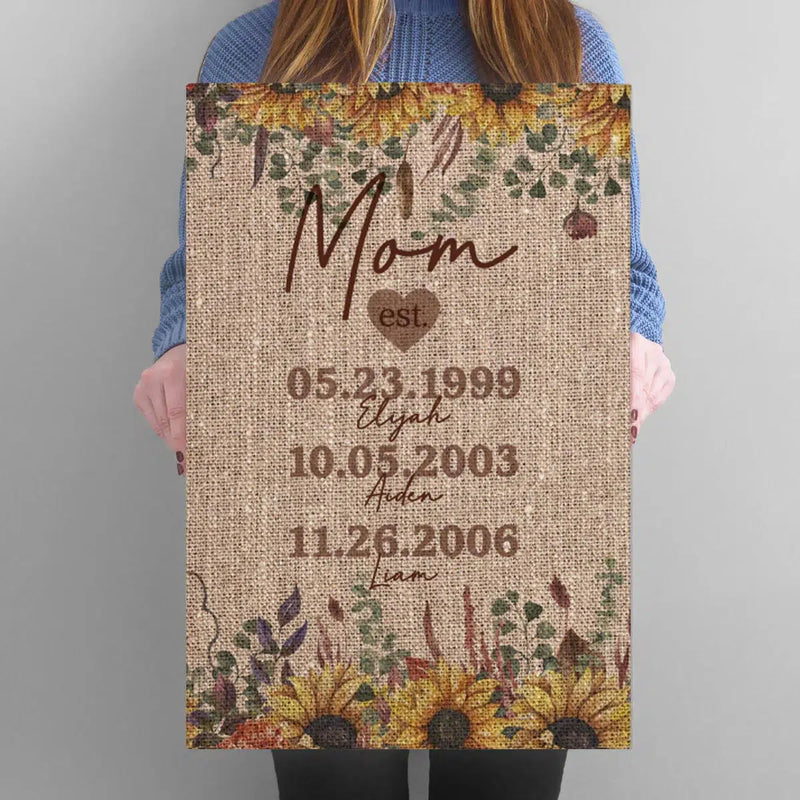 Personalized Mom Established Family Name - Burlap & Sunflower Canvas Wall Art -