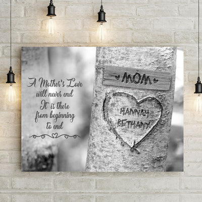 Personalized Carved Heart Tree Canvas Wall Art - 24 x 16 / Mother's Love Will Never End - Lazerworx