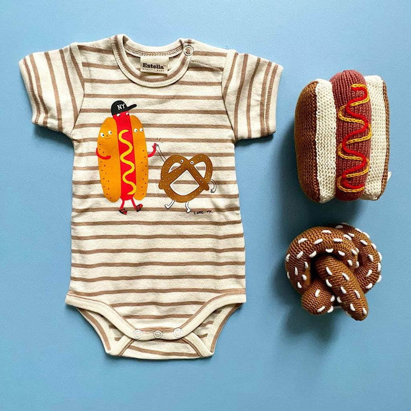 Organic Baby Gift Set, Food Onesie & Rattle - Hot Dog & Pretzel / 0-3 M