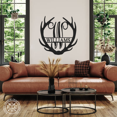 Antler Monogram with Name - Custom Metal Name with Antlers - 12 inch / Black Powder Coat
