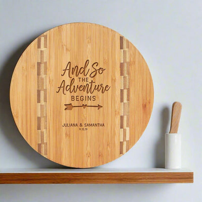 Personalized Round Bamboo Cutting Board with Butcher Block Inlay - Wedding Gifts -