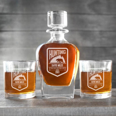 Personalized Hunting Antique Whiskey Decanter Set with 2 Lowball Glasses -