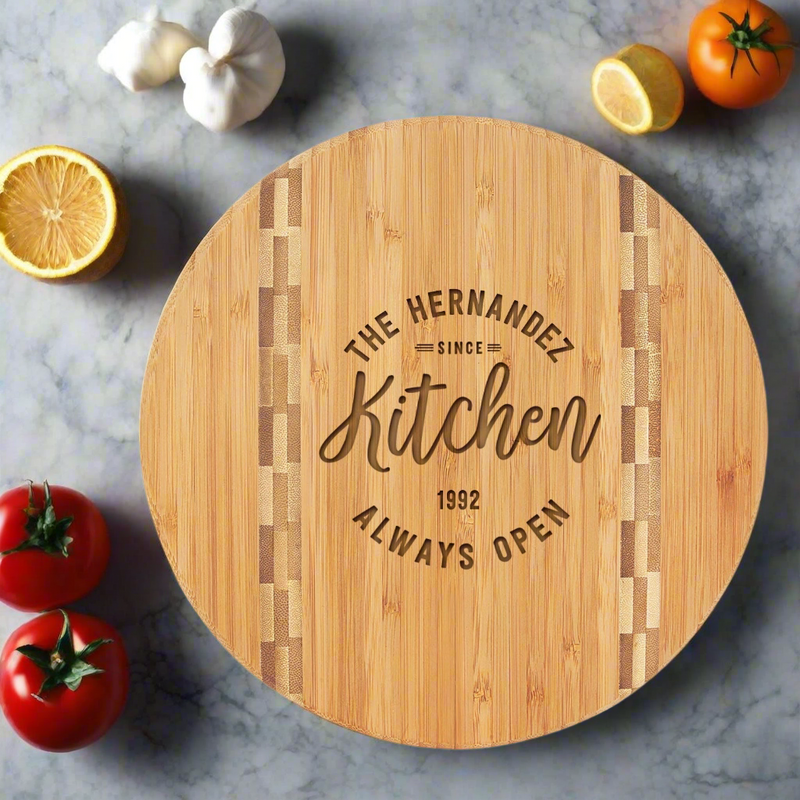 Personalized Round Bamboo Cutting Board with Butcher Block Inlay -