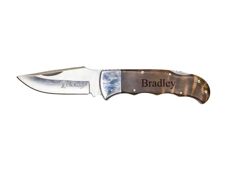 Personalized Burl Wood Handle Silver Blade Knife -