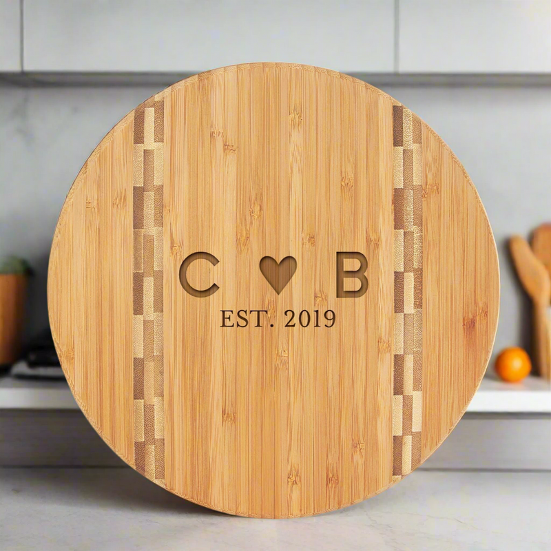 Personalized Round Bamboo Cutting Board with Butcher Block Inlay -