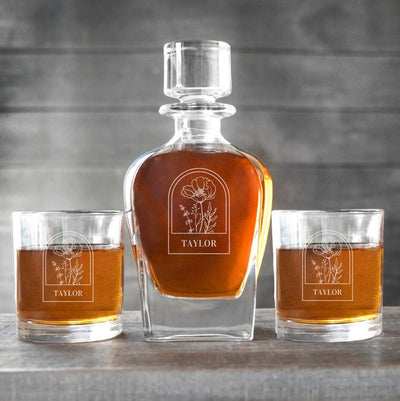 Personalized Antique Decanter Set with 2 Lowball Glasses - Floral Designs -