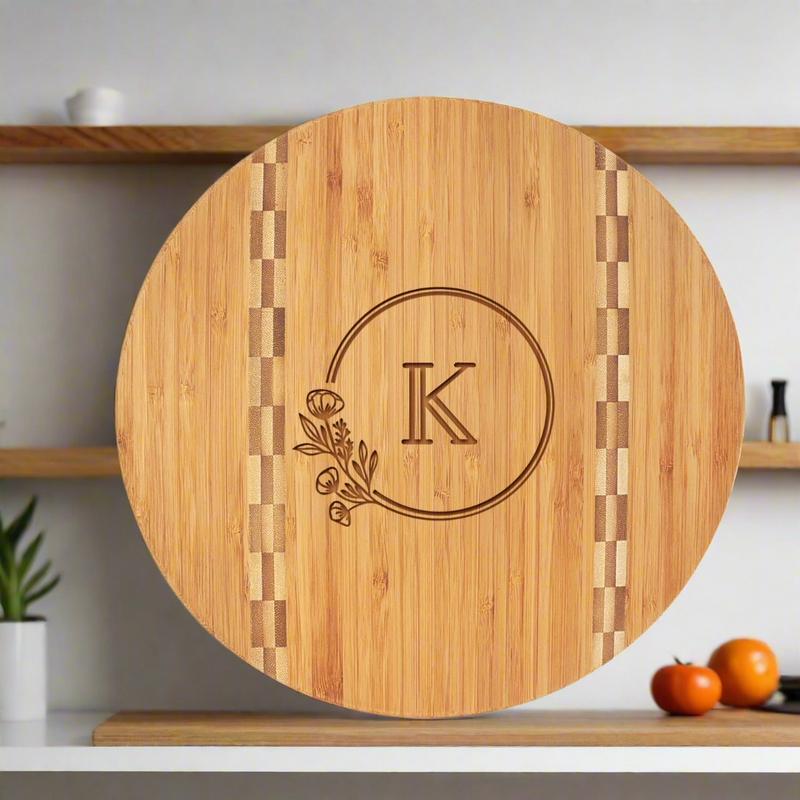 Personalized Round Bamboo Cutting Board with Butcher Block Inlay -