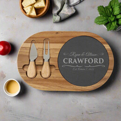 Personalized Acacia and Slate Oval Cheese Set with Two Tools -