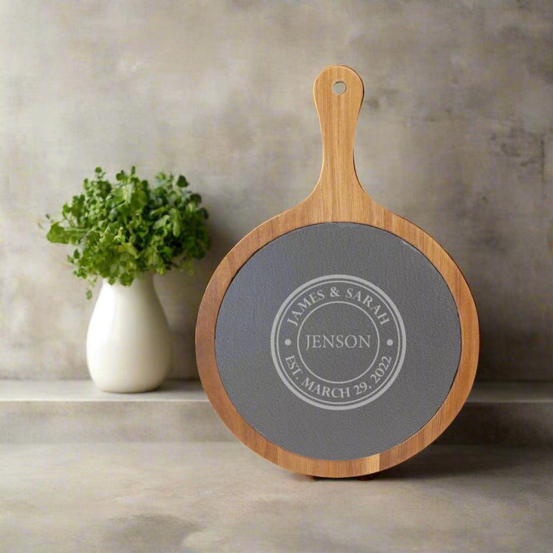 Personalized Round Acacia Wood/Slate Serving Board with Handle -
