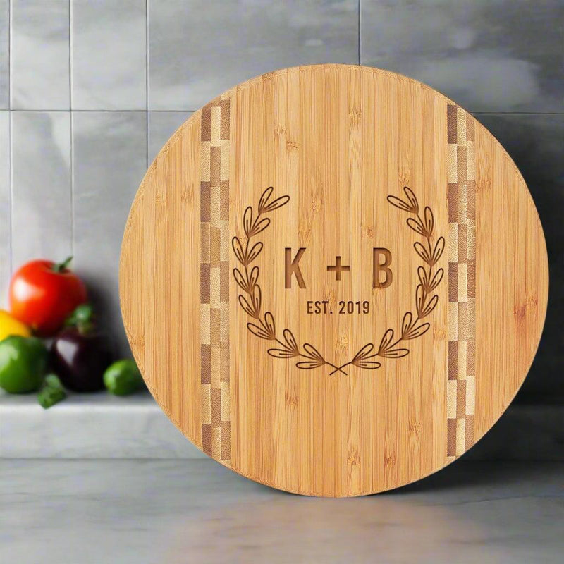 Personalized Round Bamboo Cutting Board with Butcher Block Inlay - Wedding Gifts -