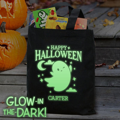Personalized Glow in The Dark Happy Halloween Ghost Tote Bag -