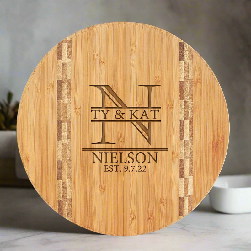 Personalized Round Bamboo Cutting Board with Butcher Block Inlay -