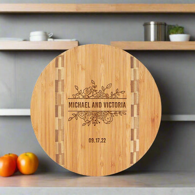 Personalized Round Bamboo Cutting Board with Butcher Block Inlay - Wedding Gifts -