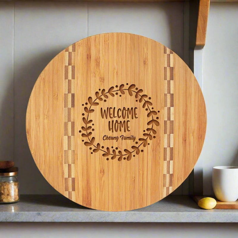 Personalized Round Bamboo Cutting Board with Butcher Block Inlay -