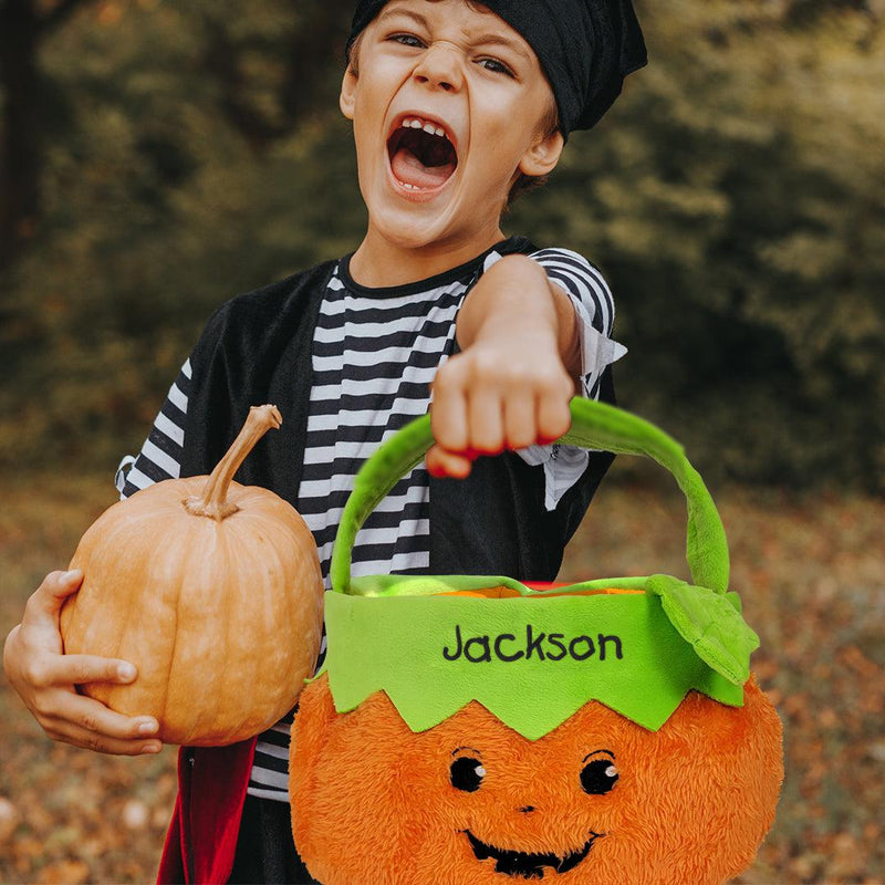 Embroidered Boy Fuzzy Pumpkin Trick or Treat Basket -