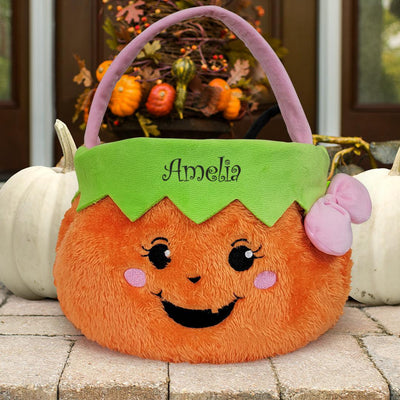 Embroidered Girl Fuzzy Pumpkin Trick or Treat Basket -