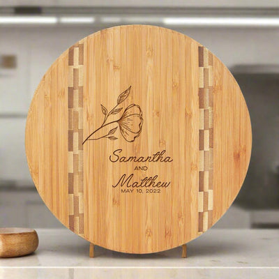 Personalized Round Bamboo Cutting Board with Butcher Block Inlay - Wedding Gifts -