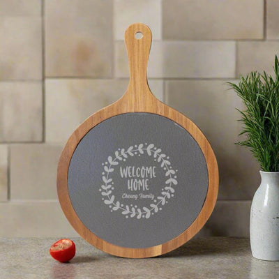 Personalized Round Acacia Wood/Slate Serving Board with Handle -