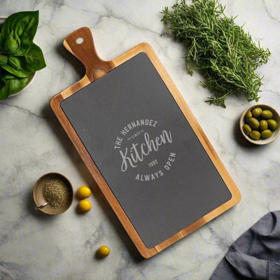 Personalized Acacia and Slate Cutting Board with Handle -