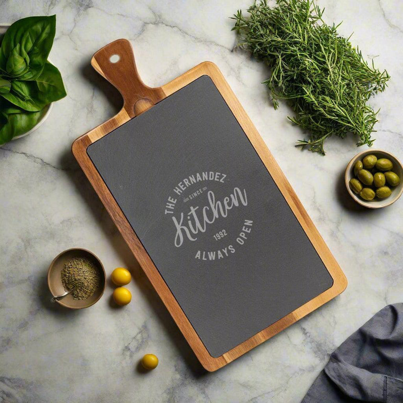 Personalized Acacia and Slate Cutting Board with Handle -