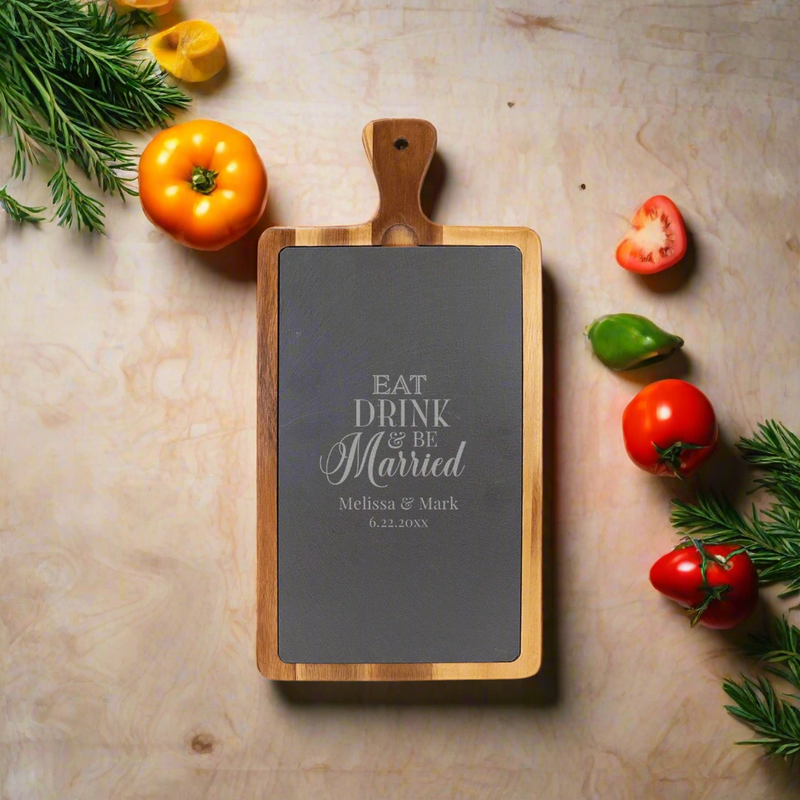 Personalized Acacia and Slate Cutting Board with Handle -