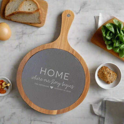 Personalized Round Acacia Wood/Slate Serving Board with Handle -