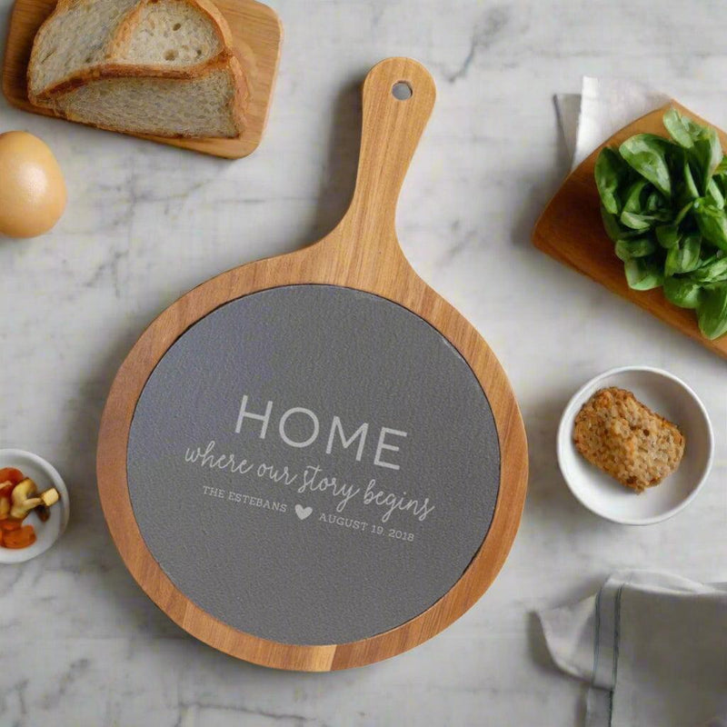 Personalized Round Acacia Wood/Slate Serving Board with Handle -