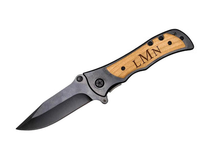 Personalized Black Blade Knife with Lightwood Handle Inlay -