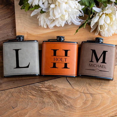Personalized Leather Wrapped Black Flasks -