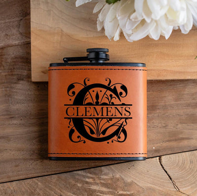 Personalized Leather Wrapped Black Flasks -