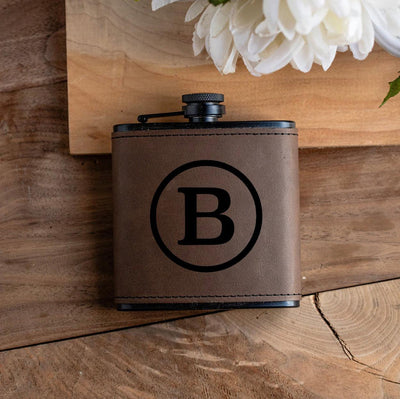 Personalized Leather Wrapped Black Flasks -
