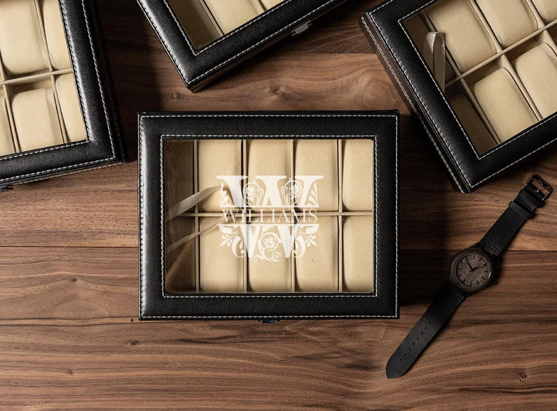 Personalized Black Leather Watch Box -
