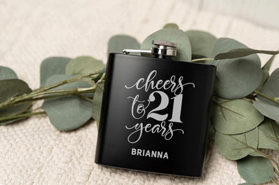 Personalized Cheers To Years Birthday Matte Black Flask -
