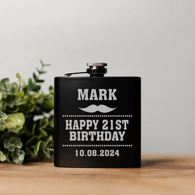 Personalized Mustache Birthday Matte Black Flask -