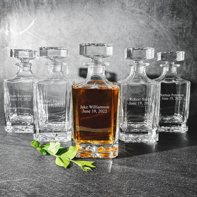Groomsmen Gift Set of 5 Personalized Square Decanters - 2Lines - JDS